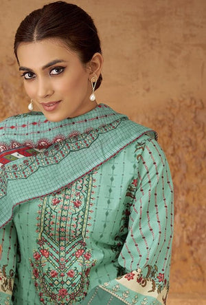DRAVINAM Trends Unstitched Cotton Suit Dress Material Set: Pakistani Print Top Fabric with Embroidery | Customizable Solid Bottoms | Cotton Fancy Dupatta