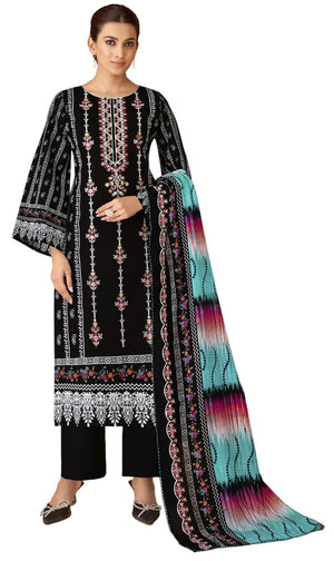 DRAVINAM Trends Unstitched Cotton Suit Dress Material Set: Pakistani Print Top Fabric with Embroidery | Customizable Solid Bottoms | Cotton Fancy Dupatta