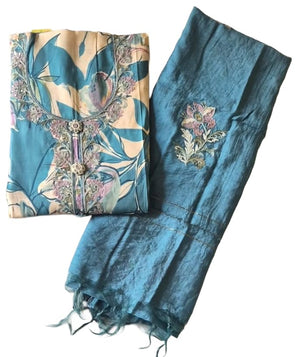 DRAVINAM Trends Women's Modal Floral Printed Unstitched Suit Set with Embroidered Neck Yoke, Malai Cotton Bottom & Soft Silk Dupatta