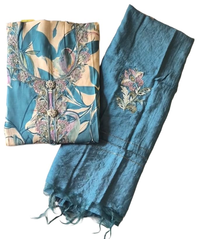 DRAVINAM Trends Women's Modal Floral Printed Unstitched Suit Set with Embroidered Neck Yoke, Malai Cotton Bottom & Soft Silk Dupatta