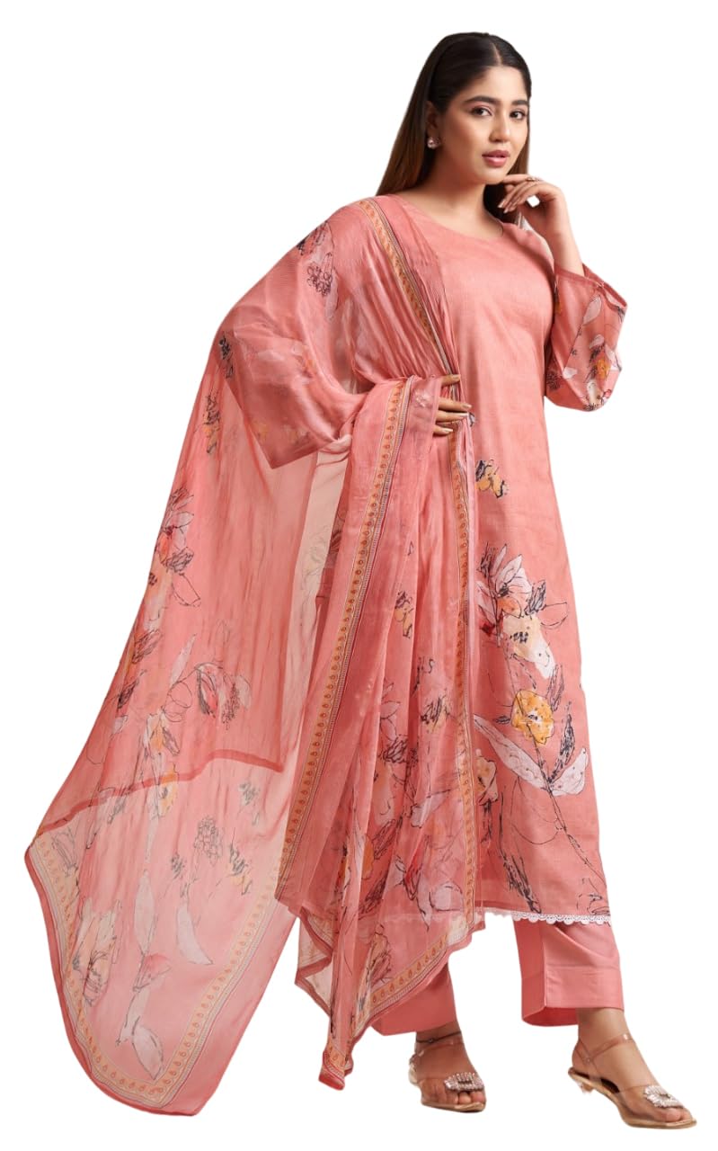 DRAVINAM Trends Unstitch Suit Dress Material for Women II Handcrafted Sequence Cambric Lawn Cotton Top II Cambric Cotton Unstitch Bottom II Pure Bemberg Dupatta
