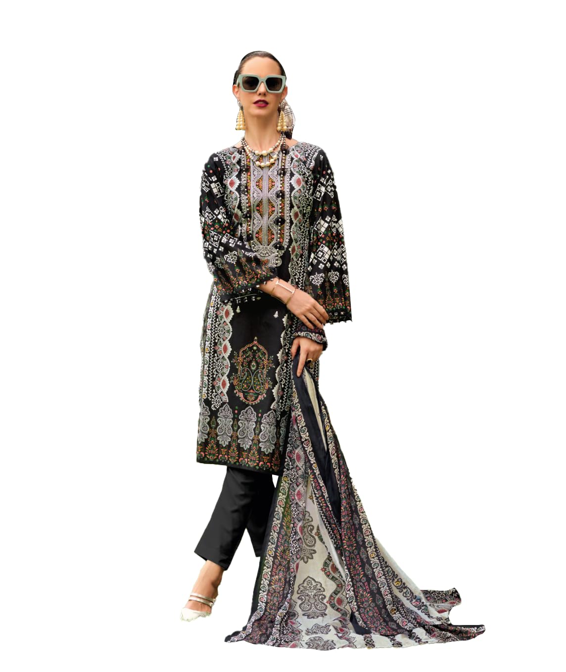 DRAVINAM Trends Kurti 2.50 mtrs, Pure Cotton (3 mtrs apx), Pure MAL MAL Cotton Dupatta Digital Print|Black 1