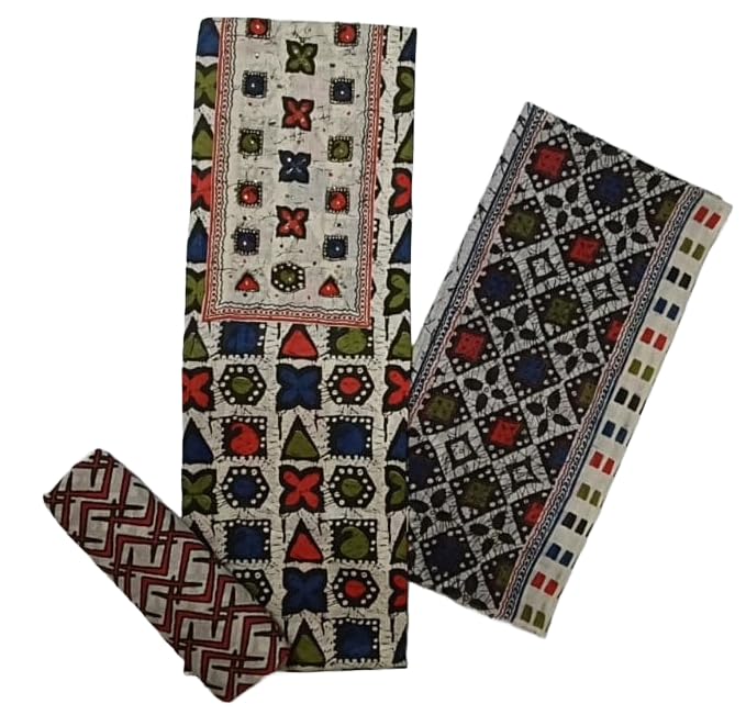 DRAVINAM Trends Women's Unstitched Cambric Cotton Dress Material Salwar Suit Set with Dupatta | Geometric Batik Print & Embellished Neckline (Multicolor)