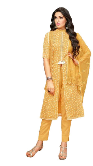 DRAVINAM Trends Women's Unstitched Cotton Printed Salwar Suit Dress Material with embroidered Nazmeen Dupatta (Free size_Light Orange)