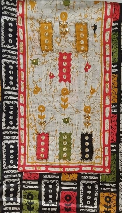 DRAVINAM Trends Women's Unstitched Cambric Cotton Dress Material Salwar Suit Set with Dupatta | Geometric Batik Print & Embellished Neckline (Multicolor)