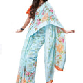 DRAVINAM Trends Women's Plain weave Soft Cotton Blend Saree with Satin Border and unstitched Self Printed Matching Blouse piece (Light Blue and Orange)
