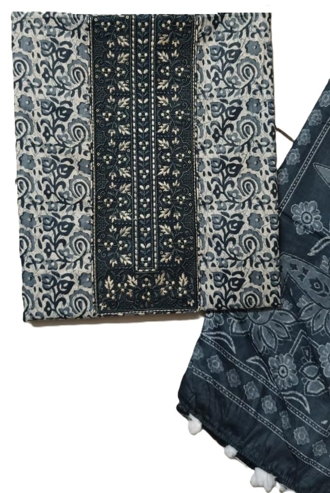 DRAVINAM Trends Women's Printed Embroidered and Hand Work Premium Cotton Jaipuri Unstitched Salwar Suit Dress Material with Mulmul Cotton Dupatta