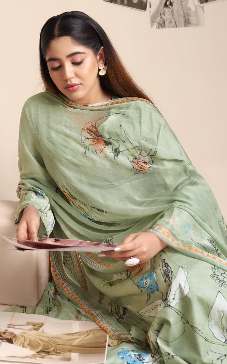 DRAVINAM Trends Unstitch Suit Dress Material for Women II Handcrafted Sequence Cambric Lawn Cotton Top II Cambric Cotton Unstitch Bottom II Pure Bemberg Dupatta