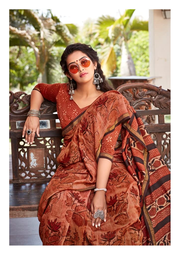 DRAVINAM Trends Women's Soft Mul Mul Cotton Jaipuri Printed Saree with Zari Border and Printed Blouse Piece (Grey)
