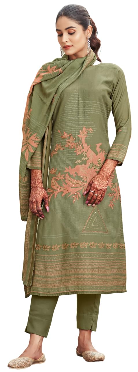 DRAVINAM Trends Unstitch Premium Viscose Bemberg Maslin Suit Dress Material II Pure Maslin Top Fabric with Aari work & Swaroski Detailing I Viscose Rayon Bottom I Digital Printed Maslin Dupatta