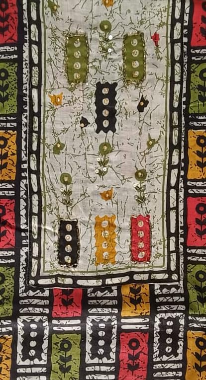 DRAVINAM Trends Women's Unstitched Cambric Cotton Dress Material Salwar Suit Set with Dupatta | Geometric Batik Print & Embellished Neckline (Multicolor)