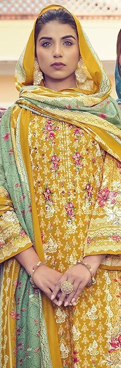 DRAVINAM Trends Unstitched Pakistani Print Embroidered Cotton Suit Dress Materials with Printed Cotton Dupatta