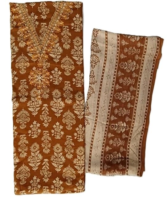DRAVINAM Trends Women's Unstitched Jaam Cotton Dress Material | Printed Embroidered Unstitched Suit Set with Rayon Bottoms and Printed Dupatta