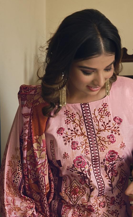 DRAVINAM Trends Women's Unstitched Print Embroidered Pure Cotton Pakistani Salwar Suit Dress Material with Cotton Printed Dupatta (Pink)