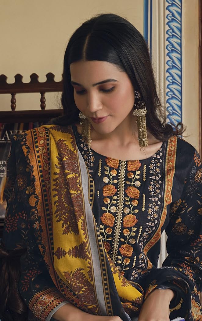 DRAVINAM Trends Women's Unstitched Printed Embroidered Pure Cotton Pakistani Salwar Suit Dress Materials with Cotton printed Dupatta (Black)