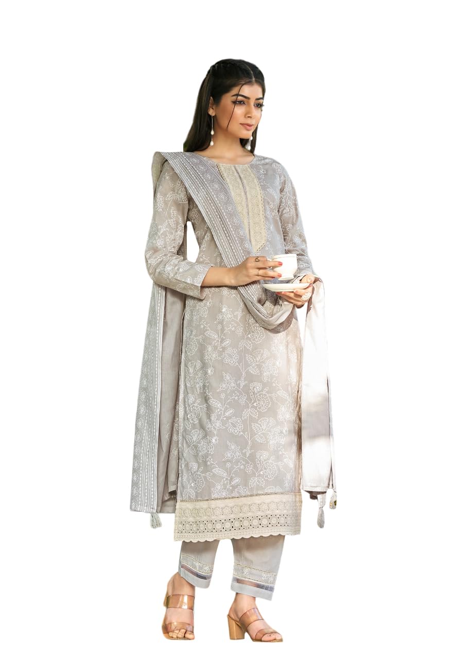 DRAVINAM Trends Cambric Cotton Embroidered Ladies Suit Dress Material with Unstitched Bottoms and Cotton Dupatta