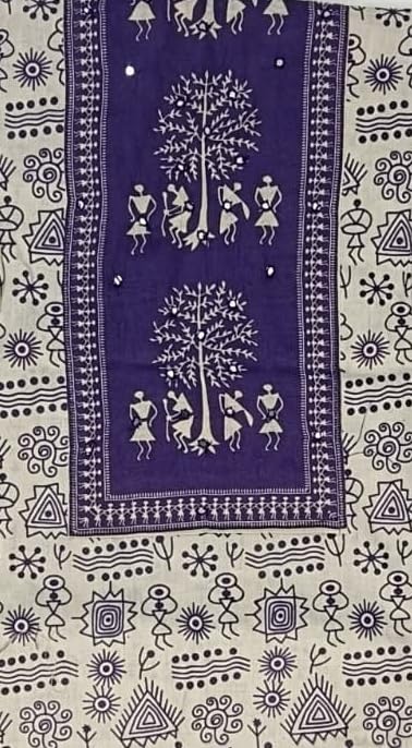 DRAVINAM Trends Women's Cambric Cotton Dress Material | Unstitch Warli Printed Suit Set with Cotton Dupatta
