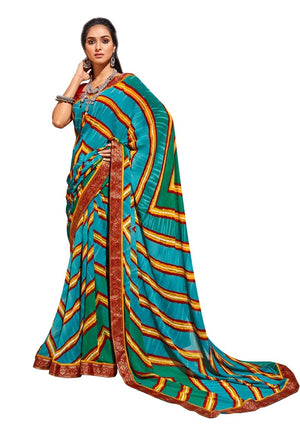 DRAVINAM Trends Women's Pure Georgette Lehriya Print Jaipuri Saree with Blouse Piece (Dark Red Peach and Yellow)