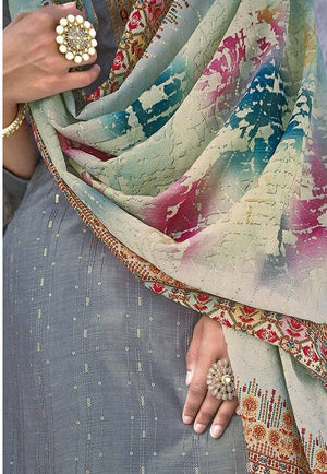DRAVINAM Trends Women's Pure Musline Embroidery work Unstitched Salwar Suit Material with Pure Muslin Digital Print Sequence work Dupatta (Free size_Grey)