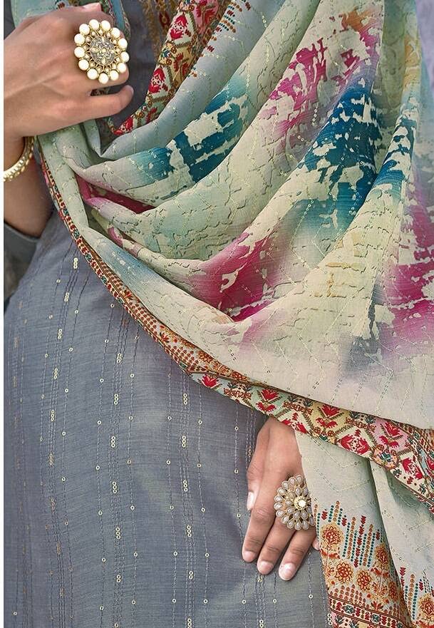 DRAVINAM Trends Women's Pure Musline Embroidery work Unstitched Salwar Suit Material with Pure Muslin Digital Print Sequence work Dupatta (Free size_Grey)
