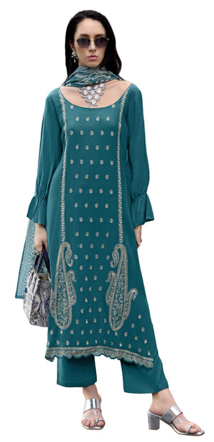 Unstitch Kashmiri Embroidered Winter Wear Salwar suit Dupatta Set – 2.5 m Viscose Wool Kameez with Premium Embroidery, 2.7 m Solid Viscose Bottom Fabric & 2.25 m Digital Print Silk Wool Dupatta
