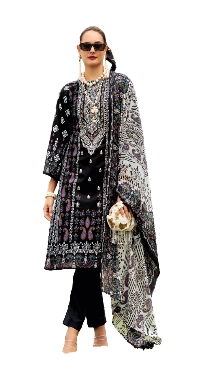 DRAVINAM Trends Kurti 2.50 mtrs, Pure Cotton (3 mtrs apx), Pure MAL MAL Cotton Dupatta Digital Print|Black 1