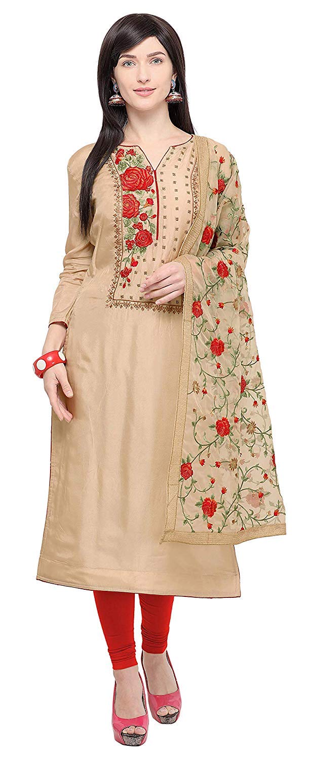 DRAVINAM Trends Women's Upada Silk Embroidered Dress Material with Embroidered heavy Organza Dupatta (Free size_Sand Grey)