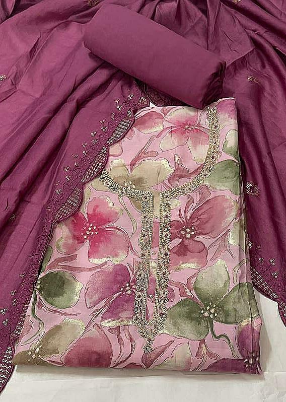 DRAVINAM Trends Handwork Modal Silk Unstitched Salwar Suit with Scalloped Dupatta