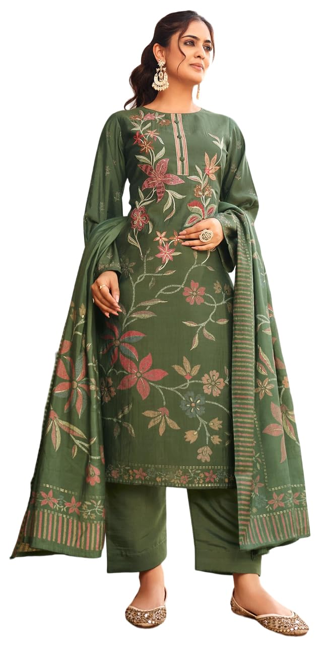 DRAVINAM Trends Women's Unstitched Salwar Suit Dress Material Pure Viscose Maslin Digital Print Embroidered Kameez Plain Unstitched Bottoms and Maslin Digital print Dupatta