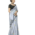 DRAVINAM Trends Women's Woven Linen Plain Saree with Buti Embroidery and Ikat Printed Blouse Piece (Grey and Black)