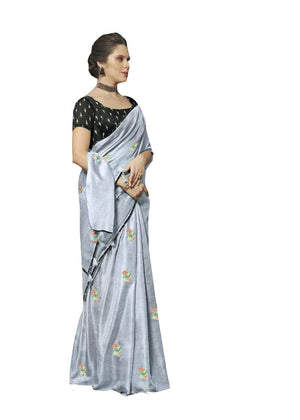DRAVINAM Trends Women's Embroidered Khadi Linen Plain Saree with Ikat Printed Blouse Piece (Sky Blue and royal Blue)