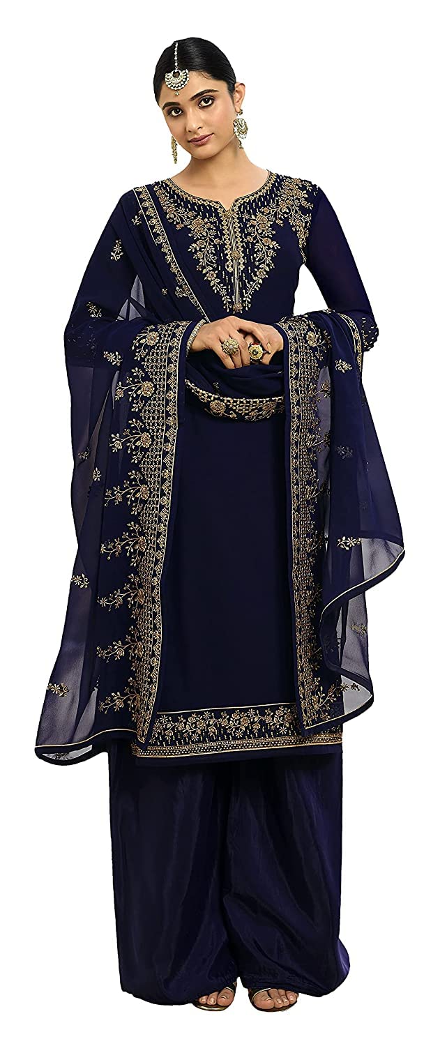 DRAVINAM Trends Women's Heavy Embroidered Pure Georgette Sharara Salwar Suit Dress Material with Heavy Embroidered Pure Georgette Dupatta (Free size_Maroonish red)