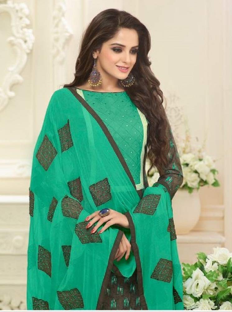 DRAVINAM Trends Un Stitched Women's Cambric Cotton Salwar Suit Dress Material with Neck Patch and Mirror Work and Nazneen Embroidered Dupatta