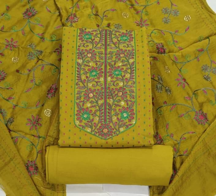 DRAVINAM Trends Women's Premium Malai Cotton Heavy Neck Embroidered Unstitched Salwar Suit Dress Material with Soft Silk Embroidered Dupatta