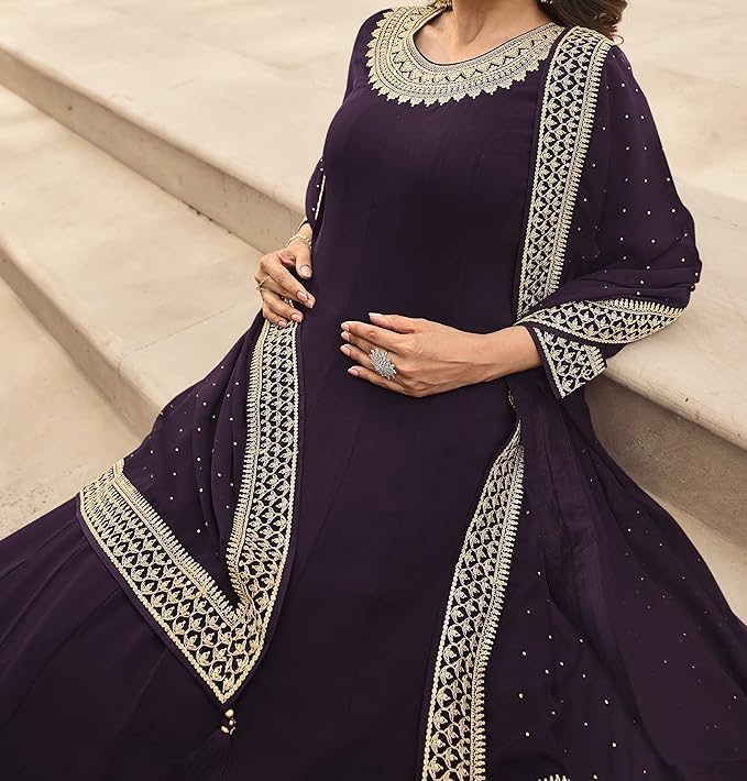 DRAVINAM Trends Women's Pure Georgette Heavy Zari Embroidered Anarkali Unstitched Suit Gown material with Georgette Embroidered and Swaroski work Dupatta (Free Size_Pinkish Red)