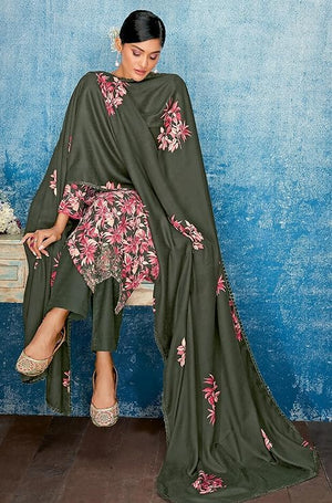 DRAVINAM Trends Women's Unstitched Floral Printed Embroidered Winter wear Pashmina Salwar suit Dress Material with Shawl dupatta (Green)
