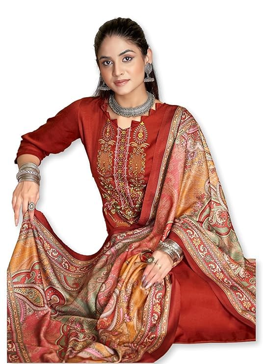 DRAVINAM Trends Women's Unstitched Winter Wear Woollen Pashmina Embroidered Salwar Suit Dress Material with Pashmina Printed Shawl Dupatta