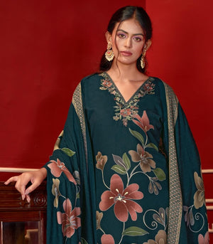 DRAVINAM Trends Women's Winter Wear Unstitched Digital Floral Printed Embroidered Viscose Pashmina Woollen Salwar Suit Dress Material with Pashmina Digital Printed Brasso Shawl Dupatta