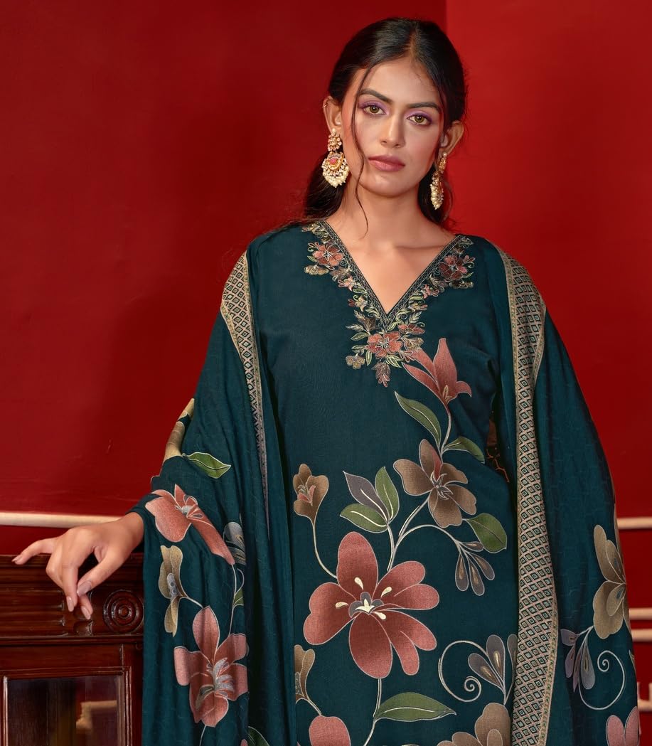 DRAVINAM Trends Women's Winter Wear Unstitched Digital Floral Printed Embroidered Viscose Pashmina Woollen Salwar Suit Dress Material with Pashmina Digital Printed Brasso Shawl Dupatta