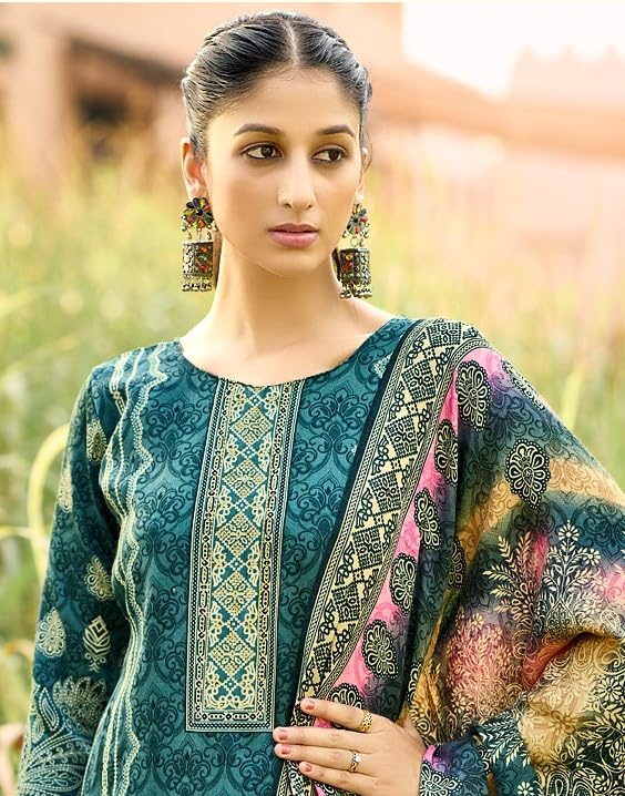 DRAVINAM Trends Women's Unstitched Winter Wear Swaroski Diamond Work Pakistani Woollen Pashmina Salwar Suit Dress Material with Twill Pashmina Printed Shawl Dupatta