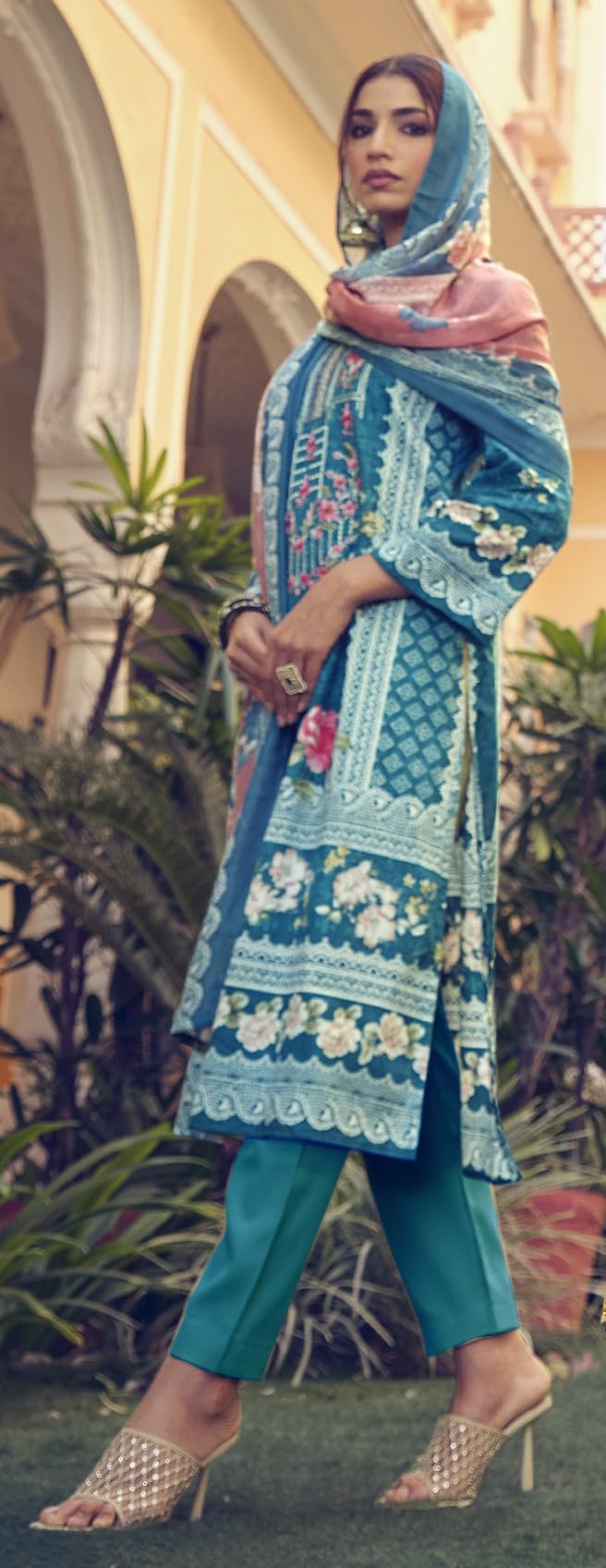 DRAVINAM Trends Unstitched Pakistani Print Embroidered Cotton Suit Dress Materials with Printed Cotton Dupatta