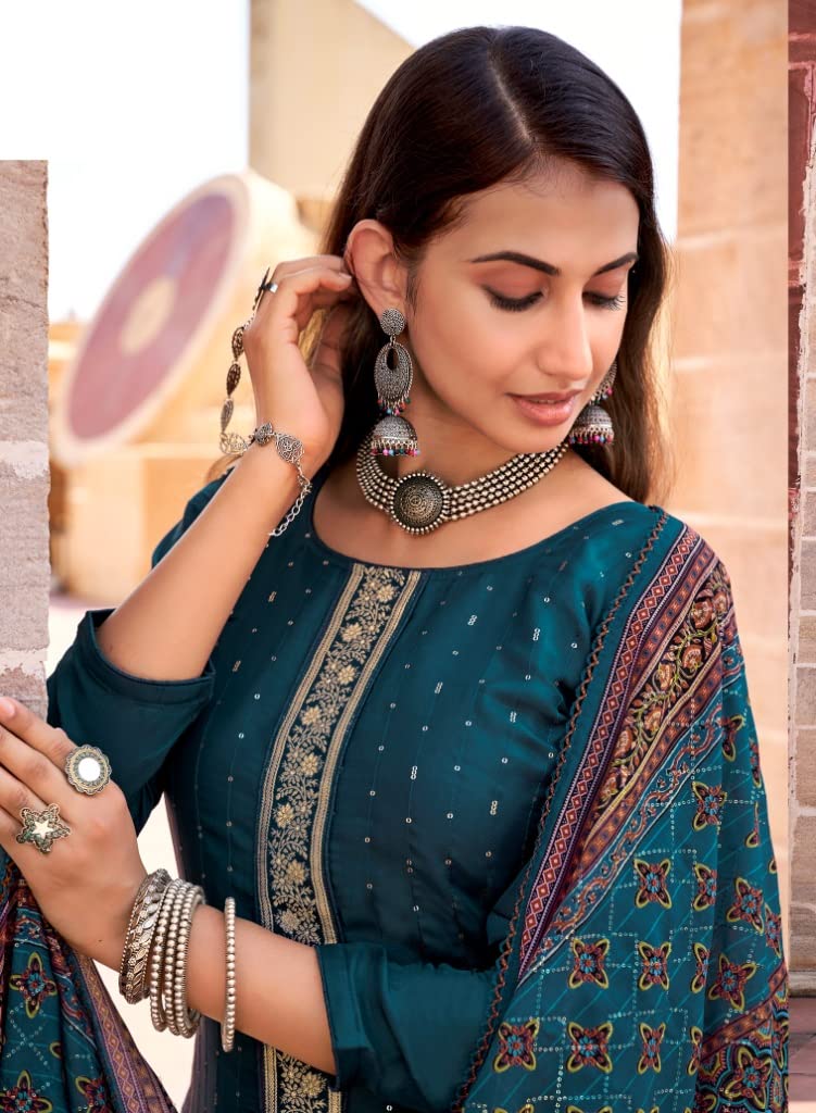 DRAVINAM Trends Women's Pure Viscose Upada Silk Sequence work Unstitched Salwar Suit Material with Pure Muslin Digital Print Sequence Dupatta (Free size_Green)