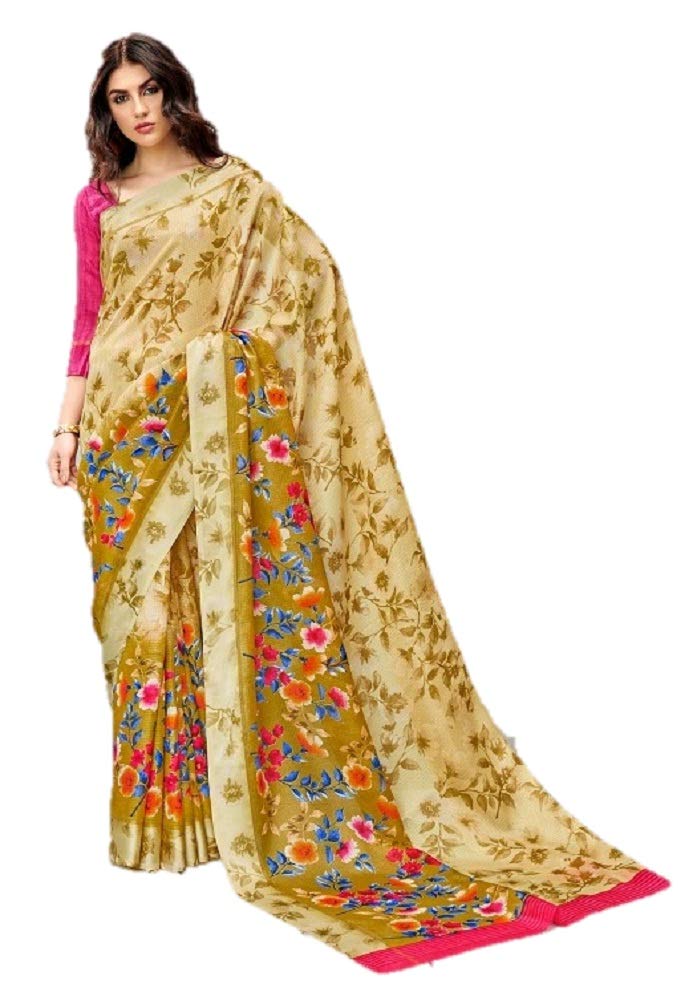 DRAVINAM Trends Women's Linen Cotton Saree with Self Printed Blouse Piece (Beige)