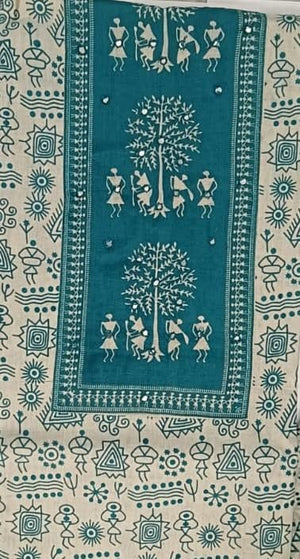 DRAVINAM Trends Women's Cambric Cotton Dress Material | Unstitch Warli Printed Suit Set with Cotton Dupatta