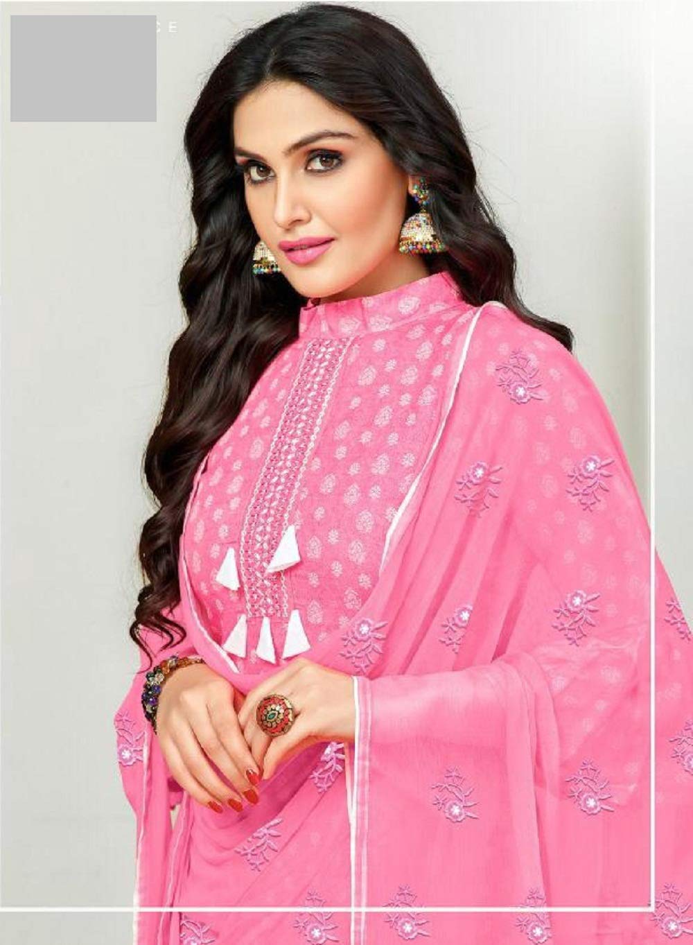 DRAVINAM Trends Women's Unstitched Cotton Printed Salwar Suit Dress Material with embroidered Nazmeen Dupatta (Free size_Light Orange)