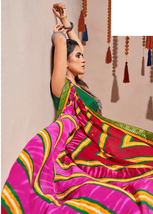DRAVINAM Trends Women's Pure Georgette Lehriya Print Jaipuri Saree with Blouse Piece (Dark Red Peach and Yellow)