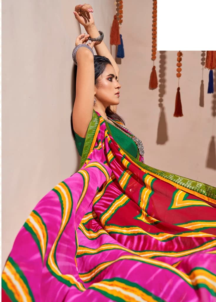 DRAVINAM Trends Women's Pure Georgette Lehriya Print Jaipuri Saree with Blouse Piece (Dark Red Peach and Yellow)