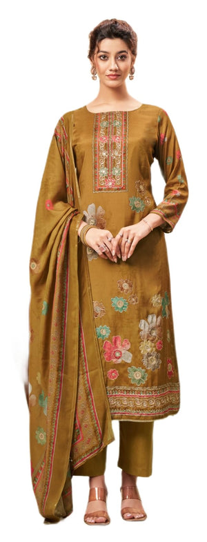 DRAVINAM Trends Unstitch Premium Viscose Bemberg Maslin Suit Dress Material II Pure Maslin Top Fabric with Aari work & Swaroski Detailing I Viscose Rayon Bottom I Digital Printed Maslin Dupatta