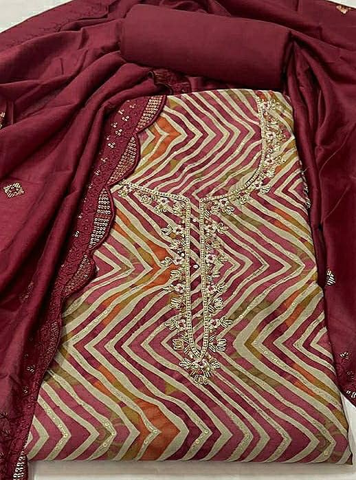 DRAVINAM Trends Handwork Modal Silk Unstitched Salwar Suit with Scalloped Dupatta