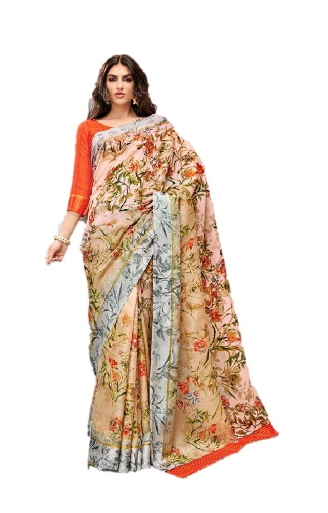 DRAVINAM Trends Women's Linen Cotton Saree with Self Printed Blouse Piece